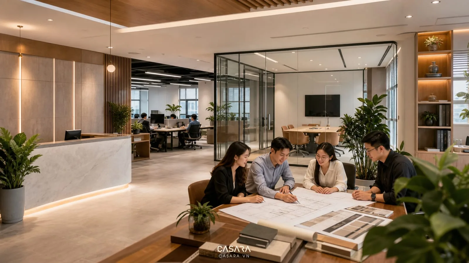 Nhiệm vụ thiết kế văn phòng hiện đại với khu lễ tân và phòng họp kính