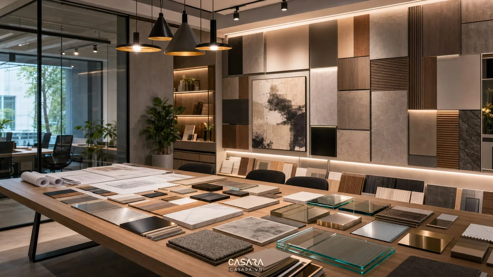 Văn phòng thiết kế kiến trúc với mẫu vật liệu gỗ kính kim loại và moodboard