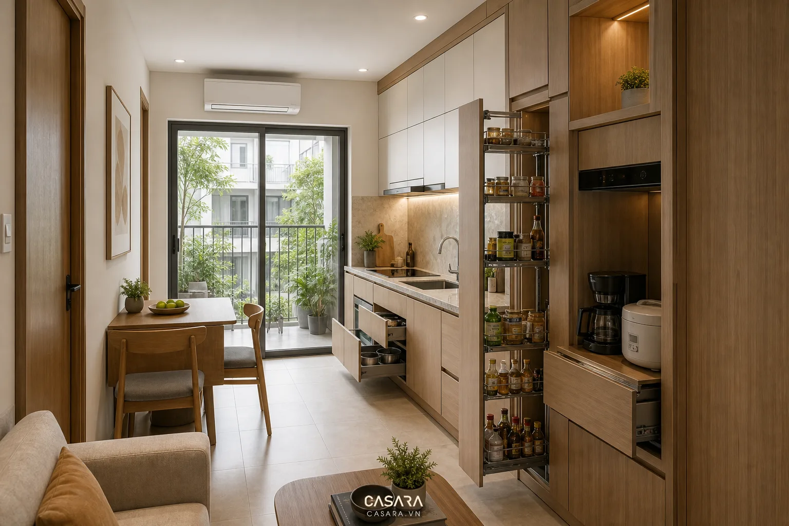 Bếp nhỏ trong căn hộ có tủ cao, kệ kéo, mặt bếp sạch và bàn ăn hai người cạnh cửa sáng.