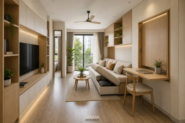 Phòng khách nhà nhỏ có sofa lưu trữ, tủ âm tường, bàn làm việc gọn và lối đi thông thoáng.