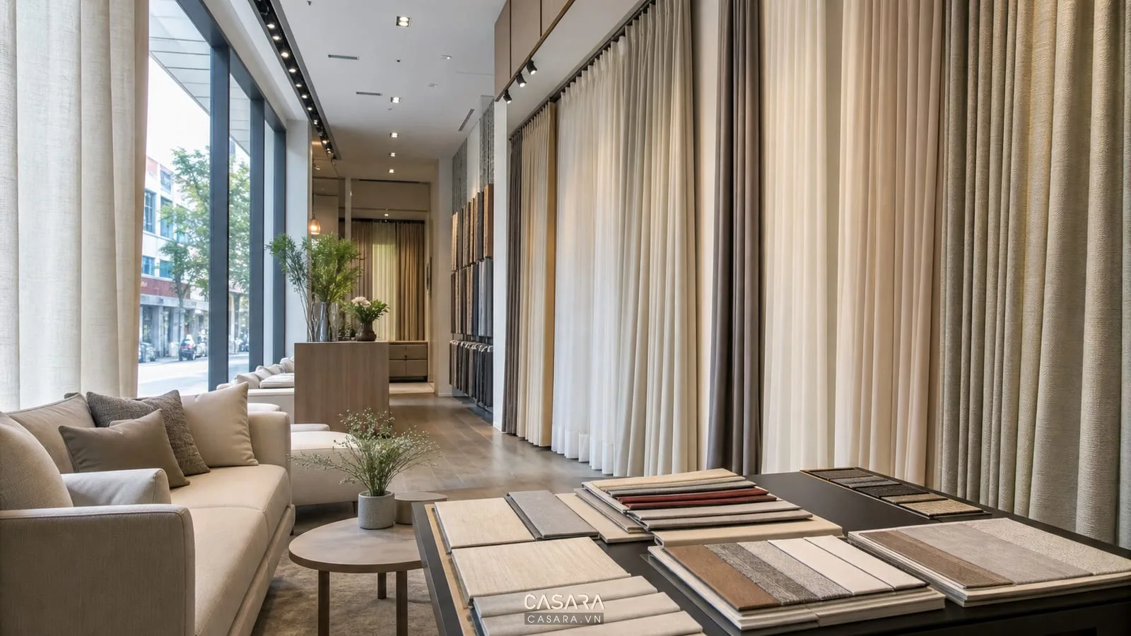 Thiết kế showroom rèm với vải rèm treo cao, sofa mẫu, cửa kính lớn và bảng mẫu vải