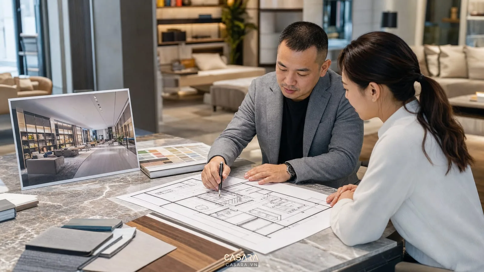 Tư vấn phong cách thiết kế showroom với bản vẽ mặt bằng, mẫu vật liệu và phối cảnh 3D