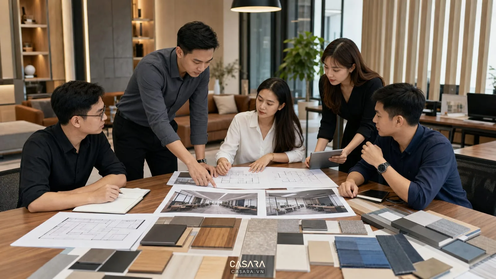 quy trình thiết kế văn phòng với bản vẽ mặt bằng và mẫu vật liệu