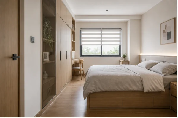 Phòng ngủ 10m2 có giường tủ và lối đi gọn sáng