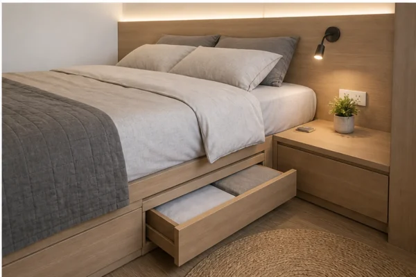Giường phòng ngủ 10m2 có ngăn kéo dưới gầm và đèn đọc sách