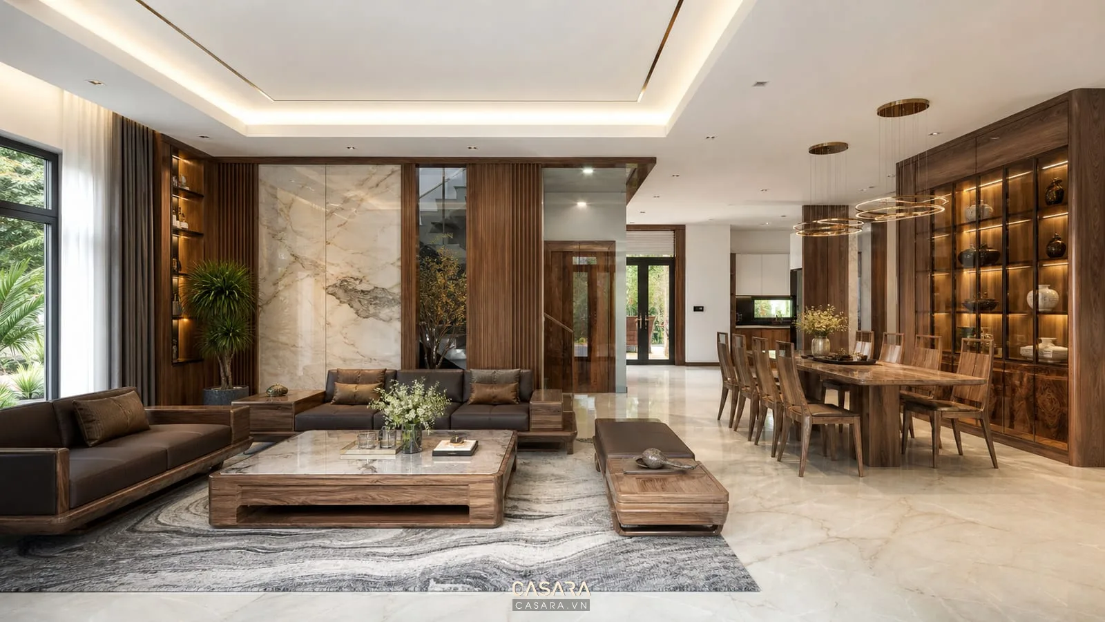 Phối cảnh thiết kế thi công biệt thự hiện đại với phòng khách và bàn ăn