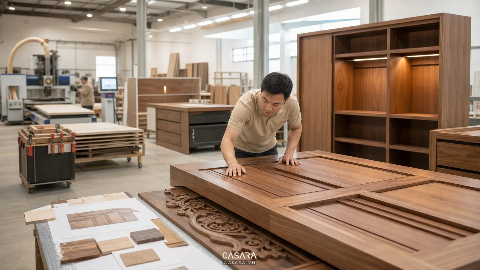 Sản xuất tủ gỗ trong quy trình thiết kế thi công nội thất biệt thự cao cấp