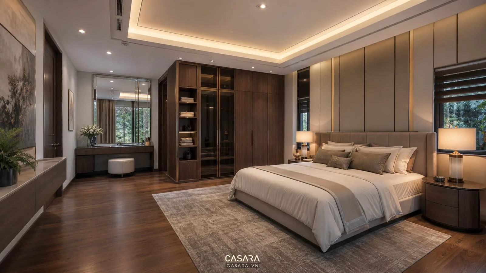 Phòng ngủ master biệt thự với giường tủ áo và lối đi thoáng