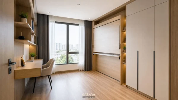 Phòng ngủ căn hộ với giường thông minh gấp gọn và tủ áo âm tường