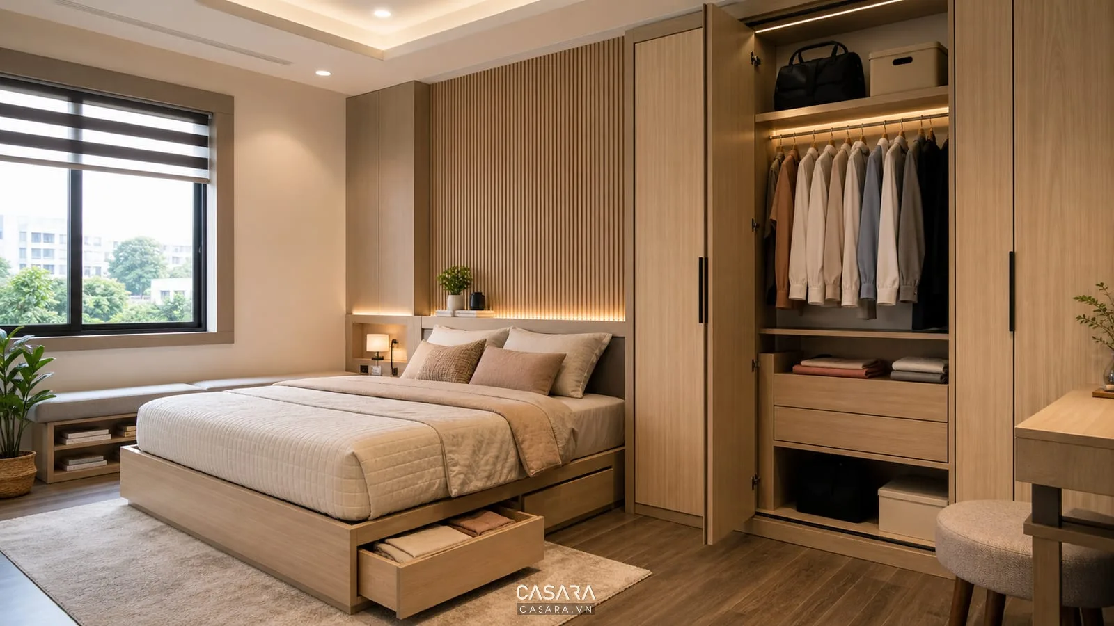 Giường thông minh kết hợp tủ quần áo gỗ sáng trong phòng ngủ hiện đại