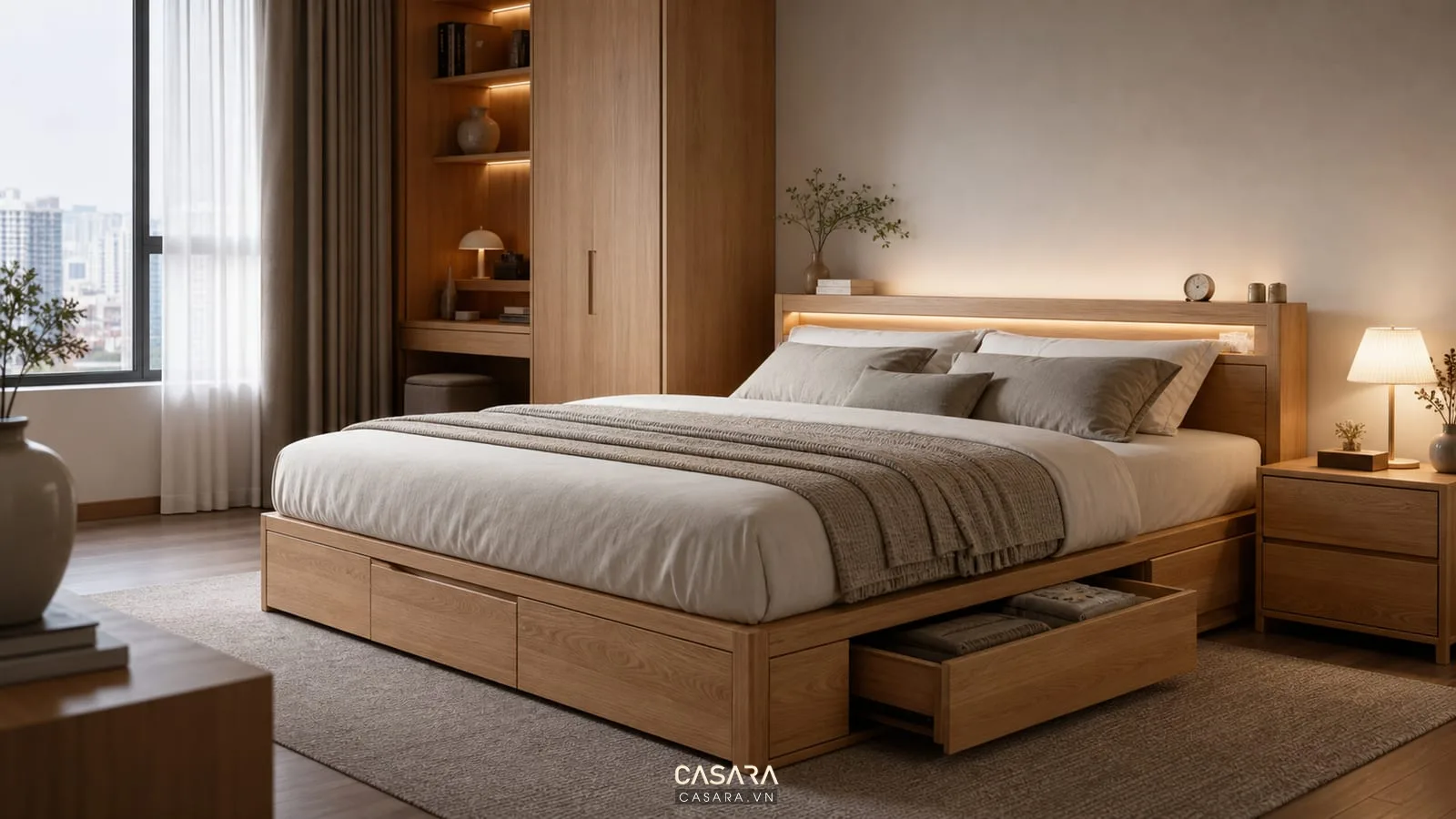 Giường thông minh màu gỗ sáng trong phòng ngủ thư giãn với ánh sáng ấm