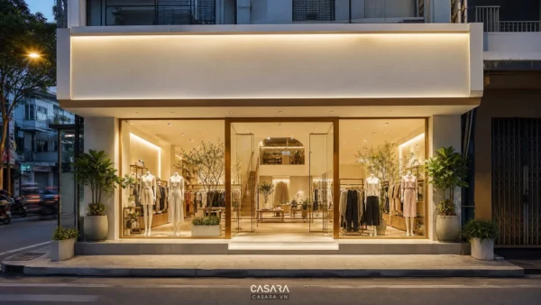 Shop thiết kế quận 1 có mặt tiền kính và kệ trưng bày thời trang