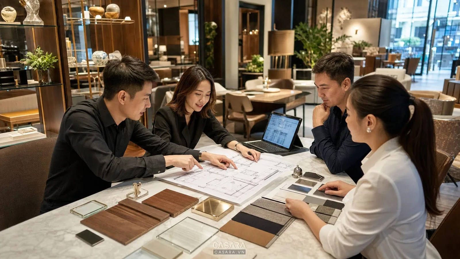Tư vấn shop thiết kế quận 1 với bản vẽ mặt bằng và mẫu vật liệu nội thất