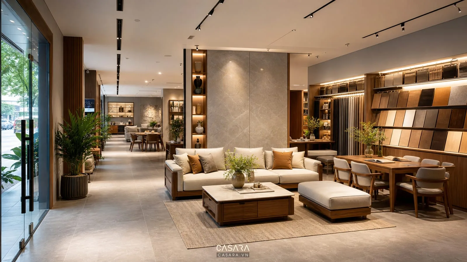 showroom 1s là gì với không gian trưng bày nội thất khu bán hàng chính bàn tư vấn và kệ mẫu vật liệu