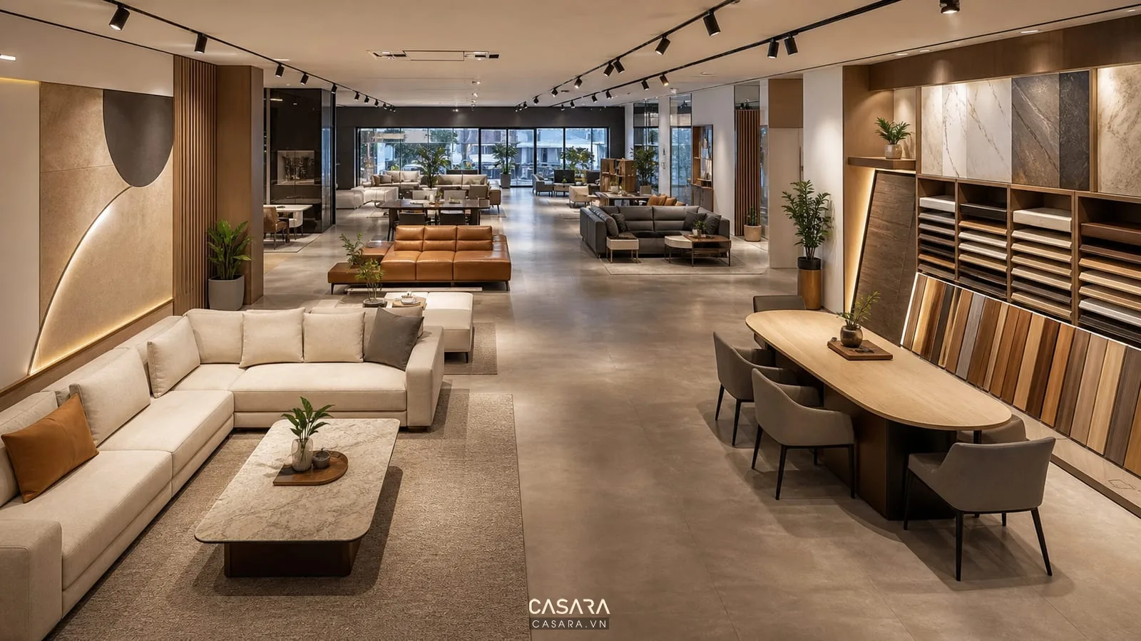 thiết kế showroom 1s nội thất có mặt bằng lối đi khu trưng bày sofa kệ mẫu vật liệu và bàn tư vấn