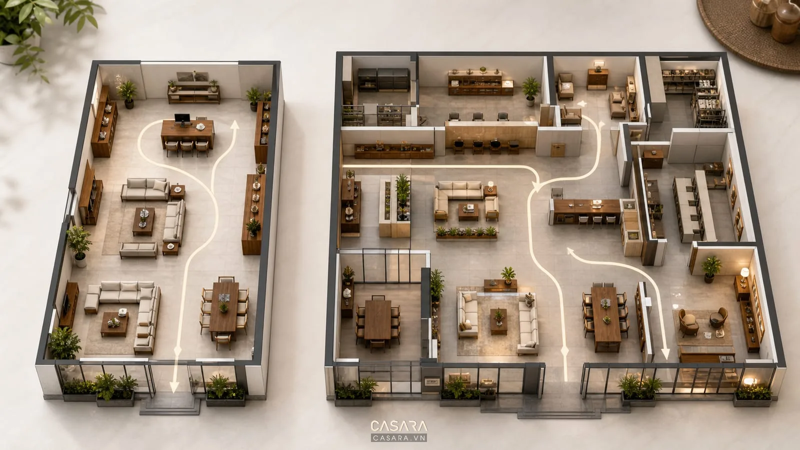 so sánh showroom 1s và showroom 5s với sơ đồ mặt bằng nội thất khu bán hàng dịch vụ phụ trợ và bàn tư vấn