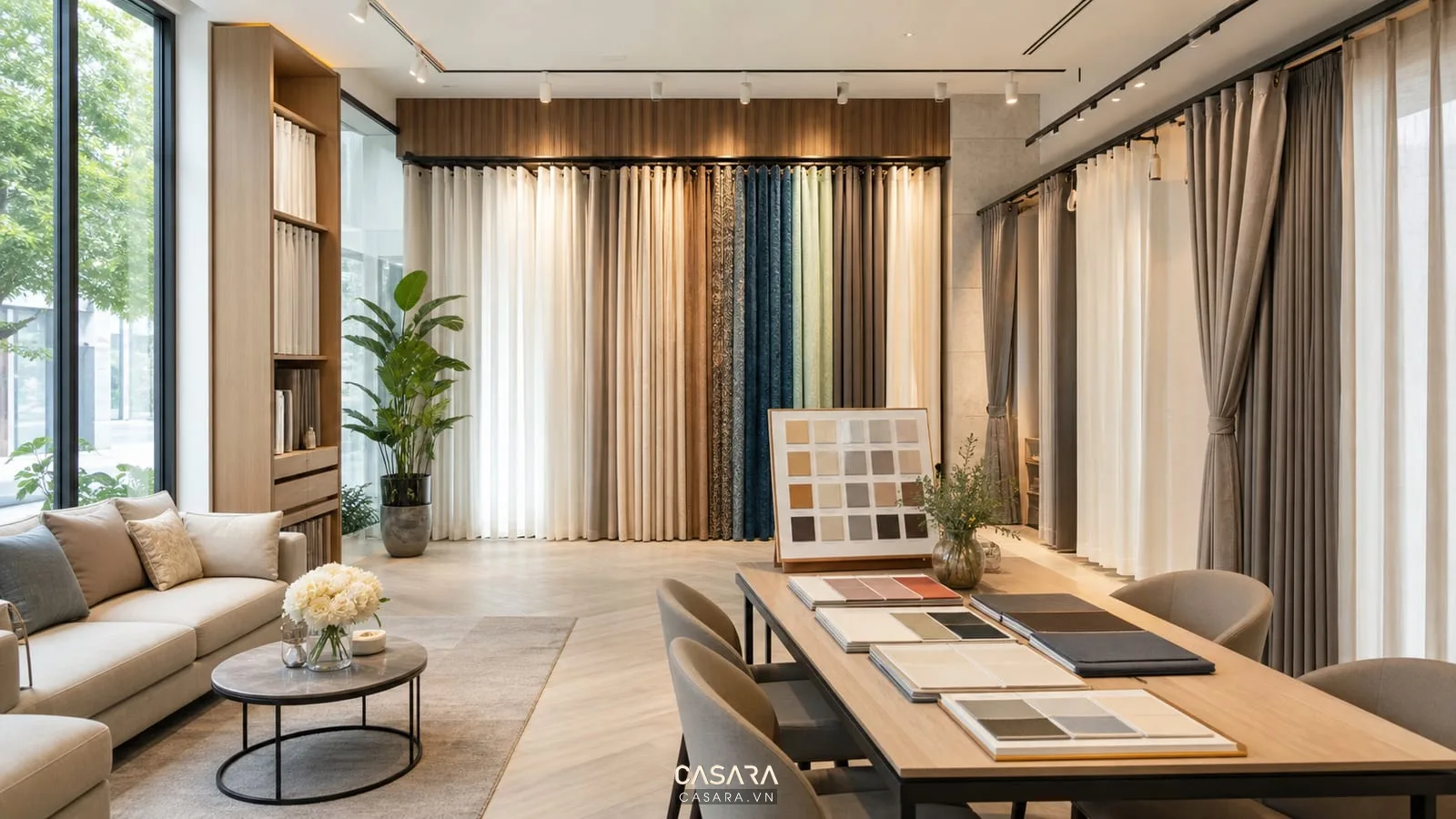 thiết kế showroom rèm 1s với vải rèm treo lớn mẫu rèm cản sáng sofa bàn tư vấn và bảng màu vải