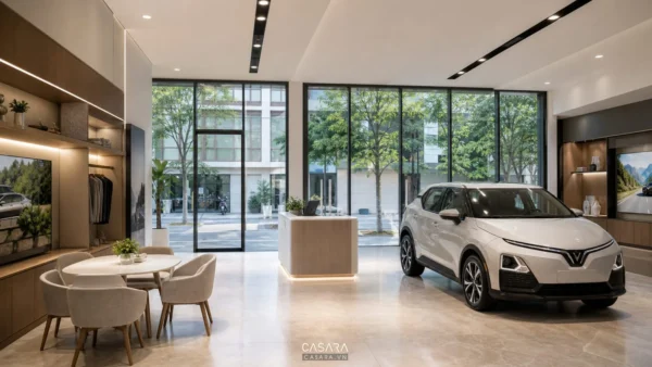 Showroom 1S VinFast có xe VinFast trưng bày, quầy lễ tân và bàn tư vấn