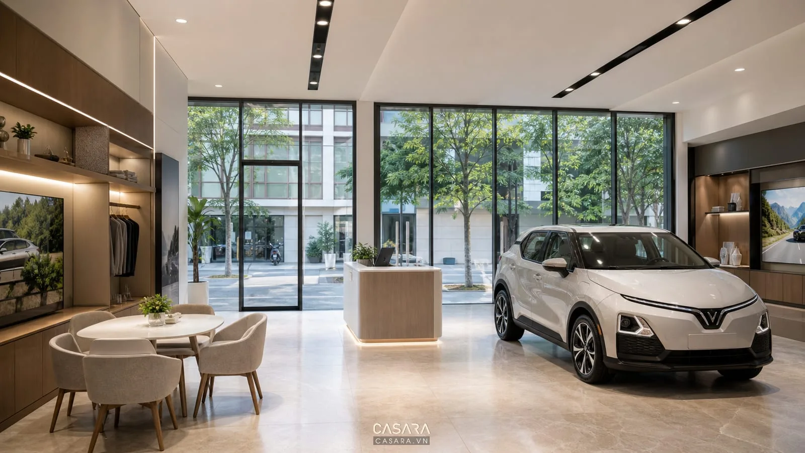 Showroom 1S VinFast có xe VinFast trưng bày, quầy lễ tân và bàn tư vấn