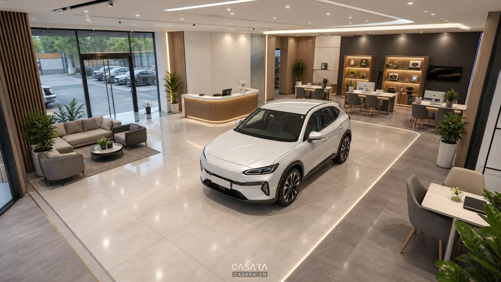 Mặt bằng showroom 1S VinFast với xe VinFast, lối đi và bàn tư vấn