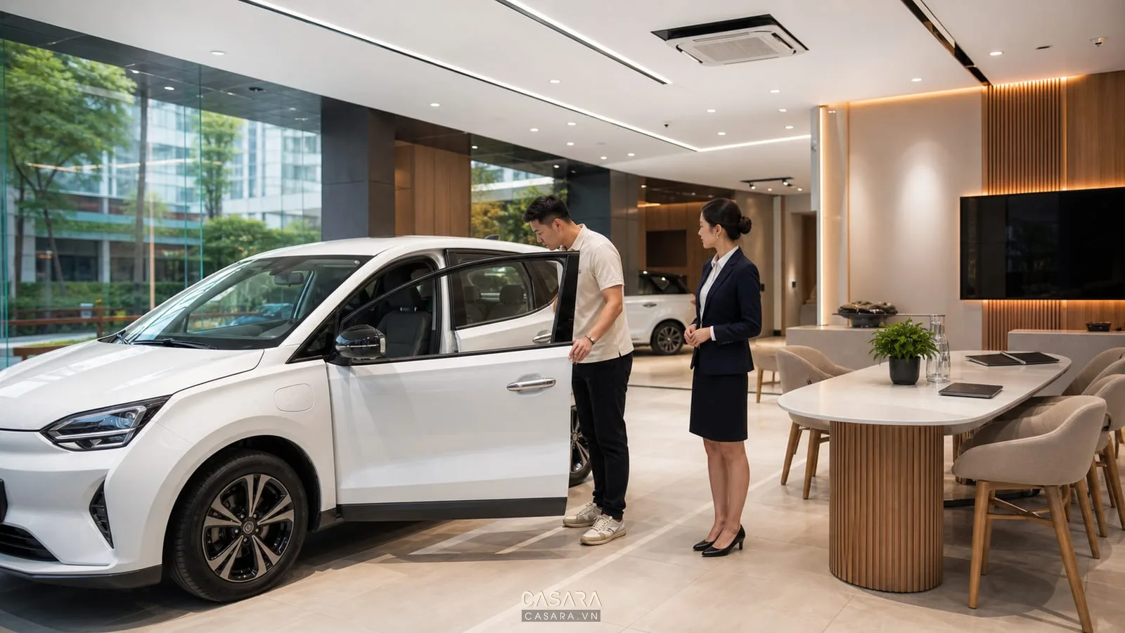Khách hàng xem xe VinFast trong showroom 1S VinFast với nhân viên tư vấn