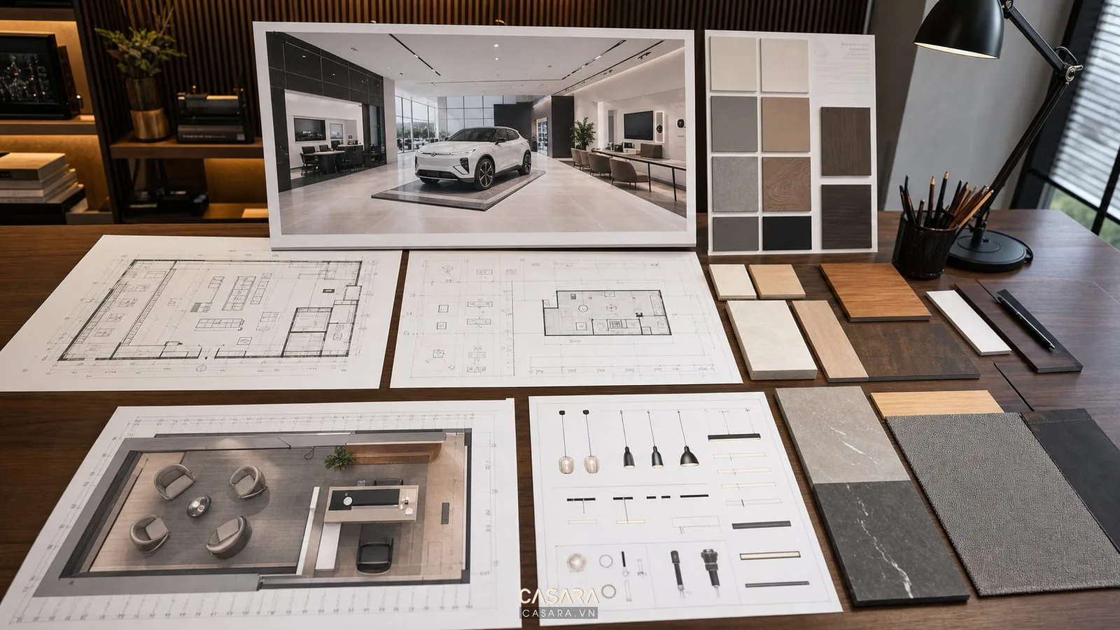 Bản vẽ thiết kế showroom 1S VinFast với phối cảnh xe VinFast và mẫu vật liệu