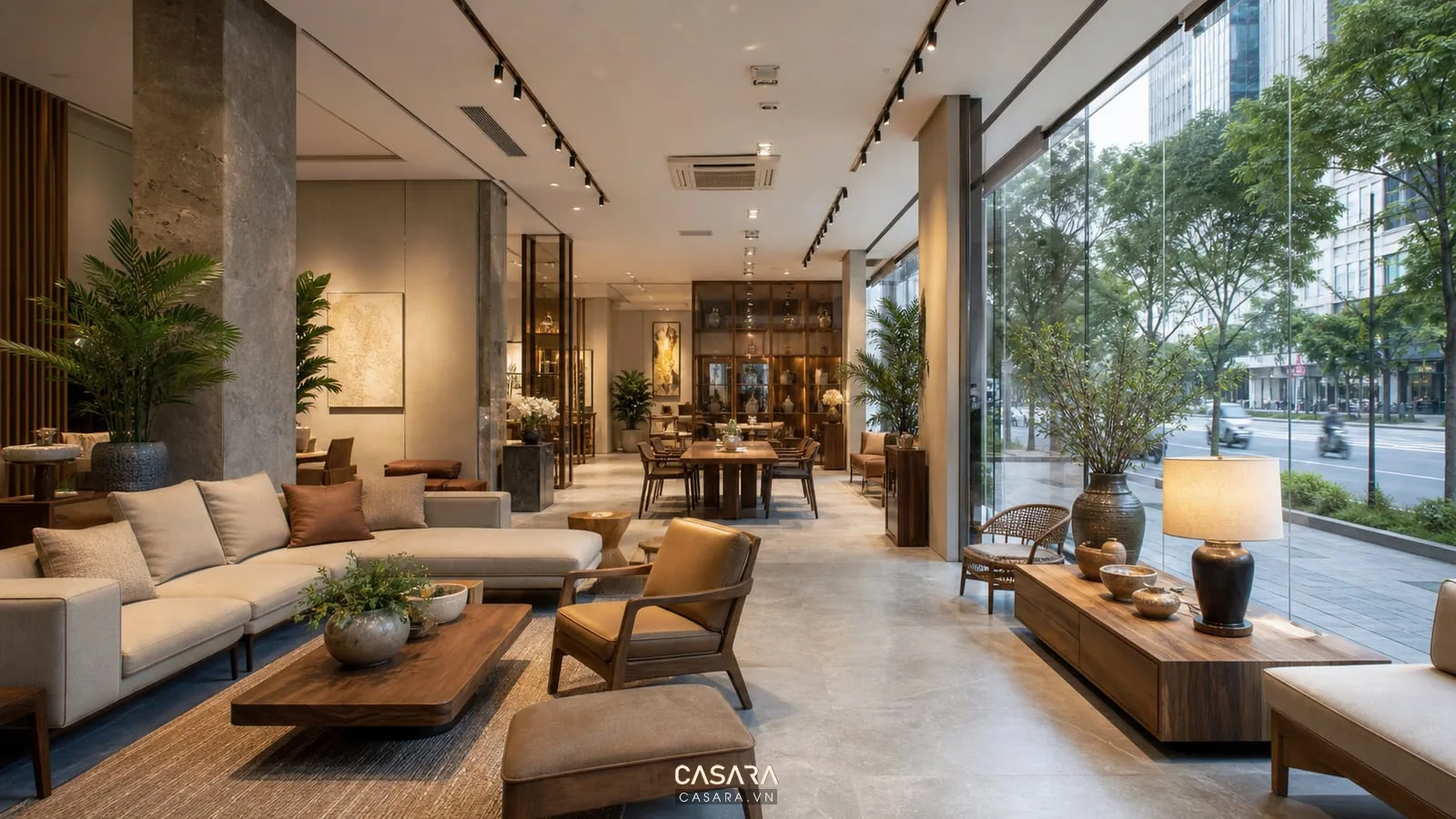 Bố cục nội thất showroom 2 mặt tiền với lối đi rộng và khu tư vấn phía sau