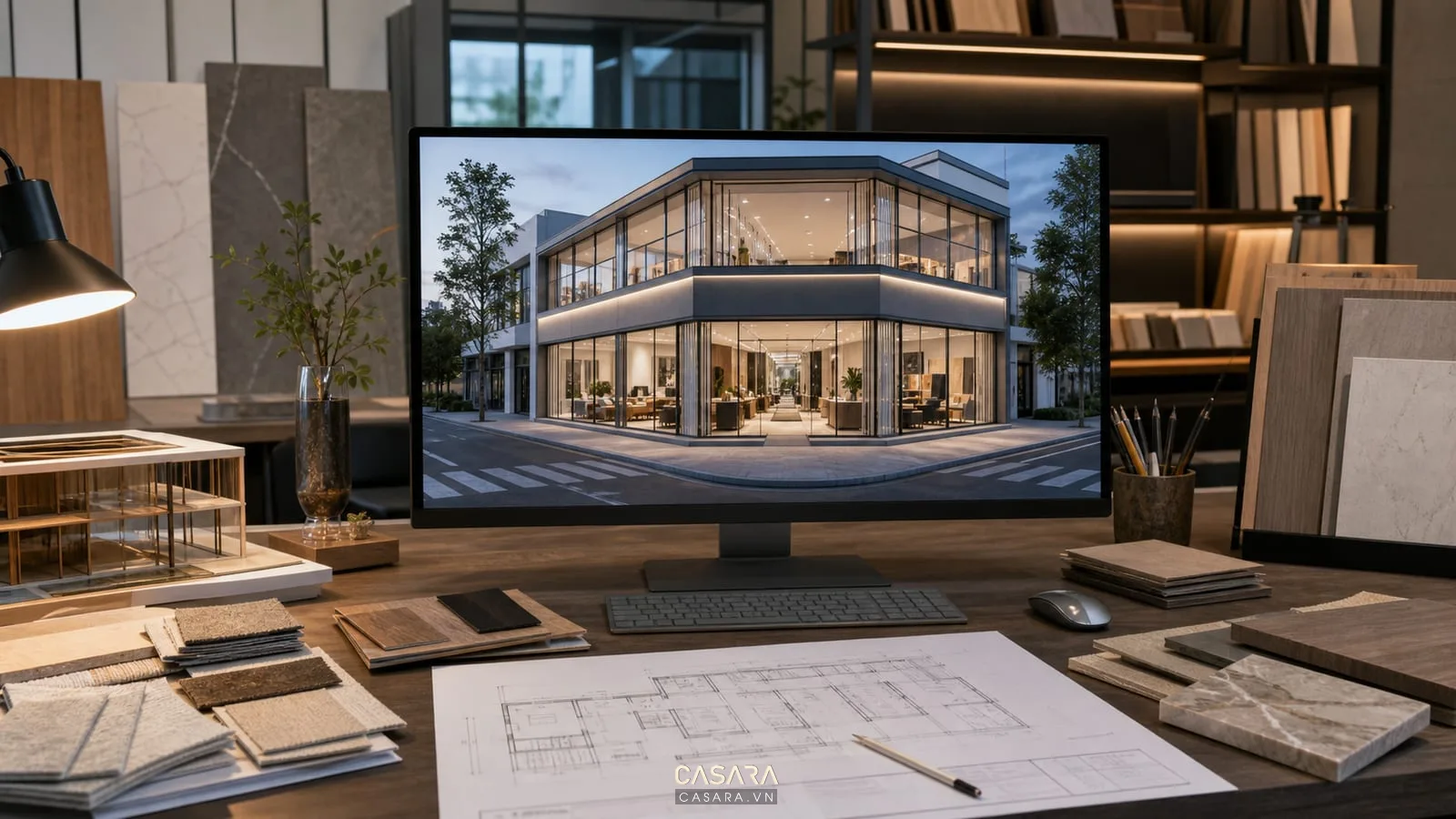 Thiết kế showroom 3D cho showroom 2 mặt tiền với phối cảnh mặt đứng và nội thất