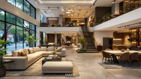 showroom 2 tầng nội thất với mặt tiền kính cầu thang mở khu trưng bày sofa bàn ăn tủ bếp
