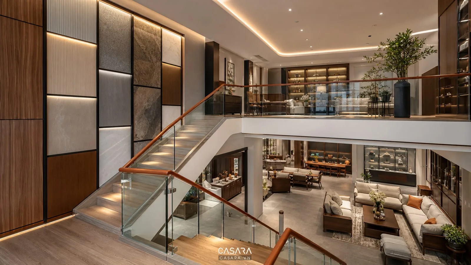 cầu thang showroom 2 tầng nội thất lan can kính tay vịn gỗ mảng tường vật liệu và đèn hắt