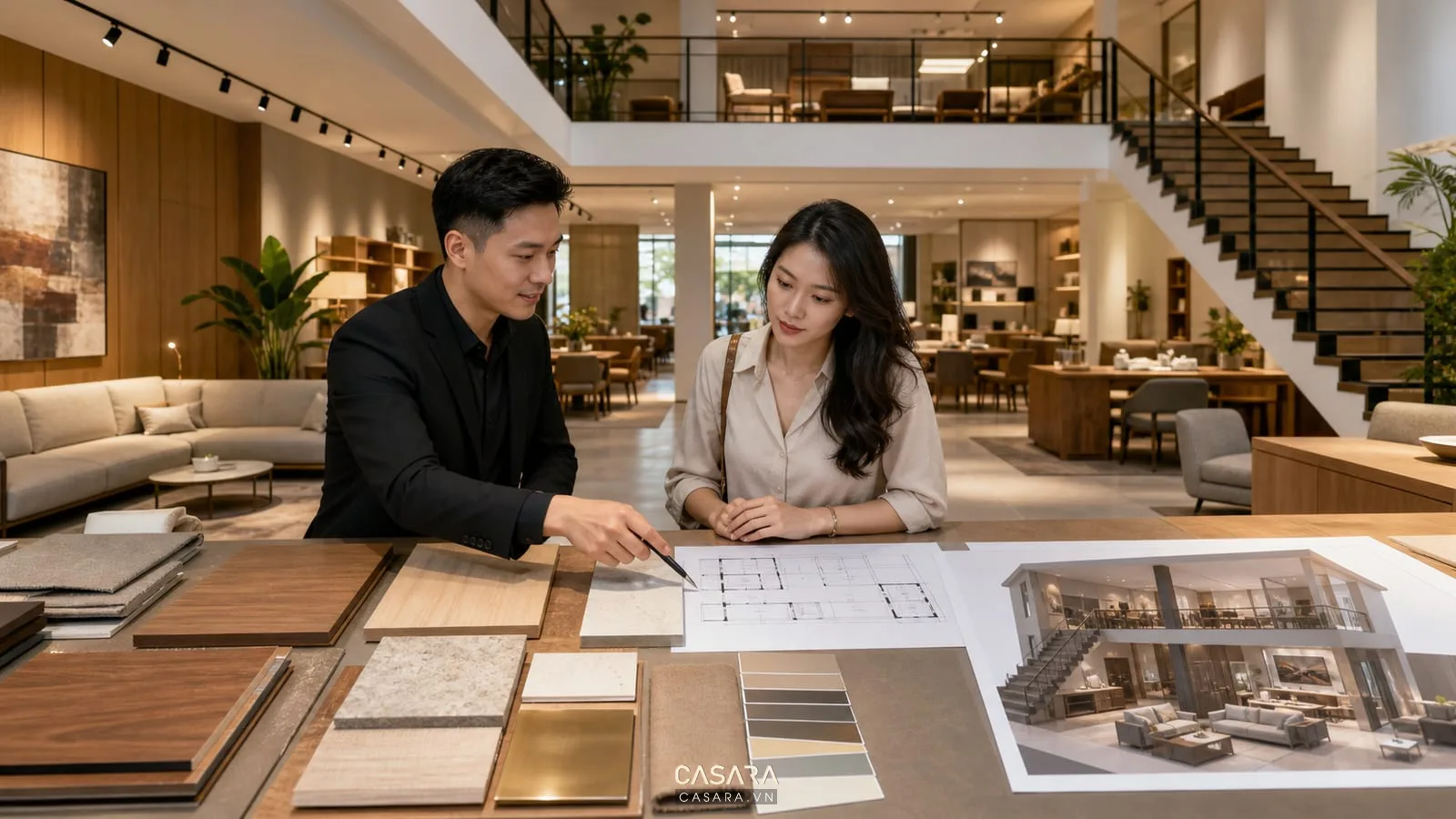 bảng vật liệu showroom 2 tầng nội thất mẫu gỗ đá vải kim loại bản vẽ mặt bằng và phối cảnh 3D