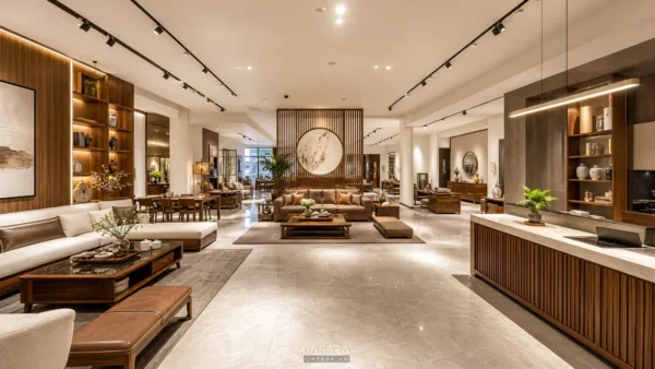 showroom 200m2 với kệ showroom và lối đi trưng bày hiện đại