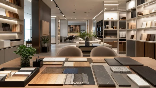 khu tư vấn showroom 200m2 với mẫu vật liệu và kệ showroom