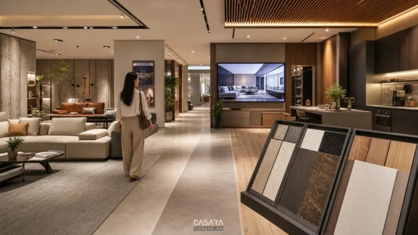 showroom 4d nội thất có khu trưng bày sofa tủ bếp mẫu vật liệu ánh sáng ấm và màn hình phối cảnh 3D