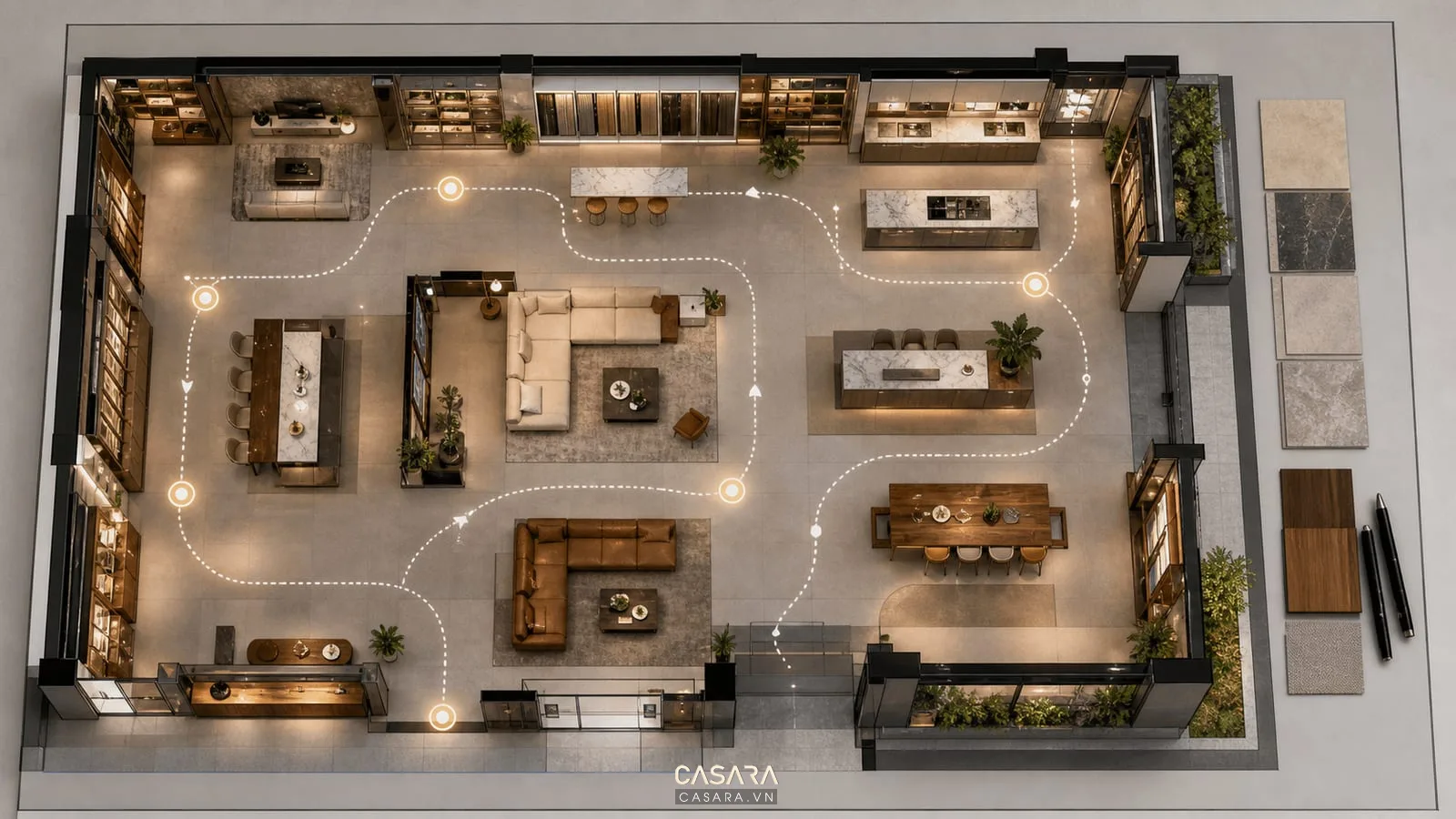 mặt bằng showroom 4d nội thất có tuyến di chuyển khu sofa tủ bếp mẫu vật liệu và quầy tư vấn