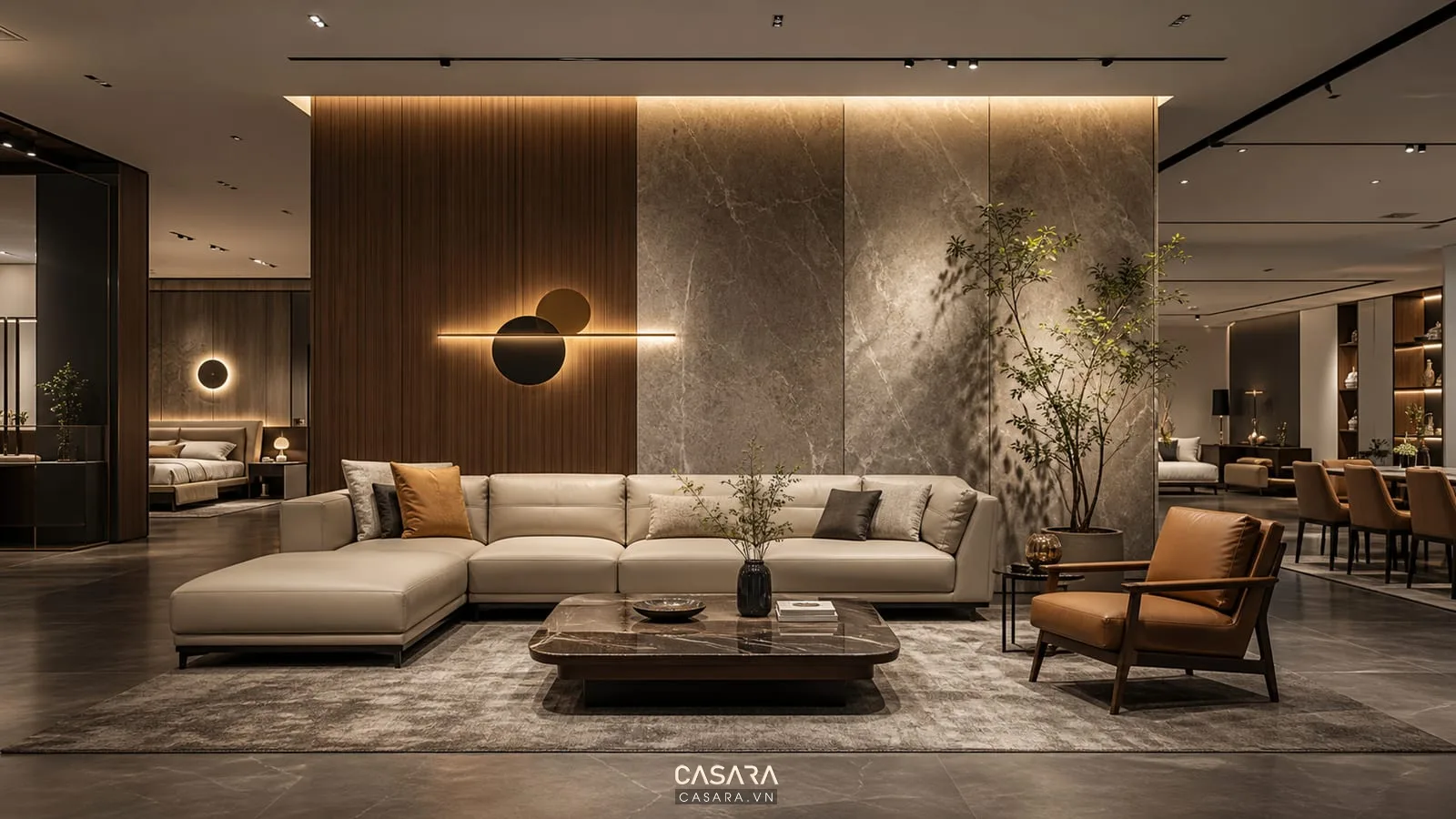 showroom 4d nội thất có điểm nhìn đầu tiên phòng khách mẫu sofa bàn trà vách vật liệu gỗ đá và ánh sáng điểm nhấn