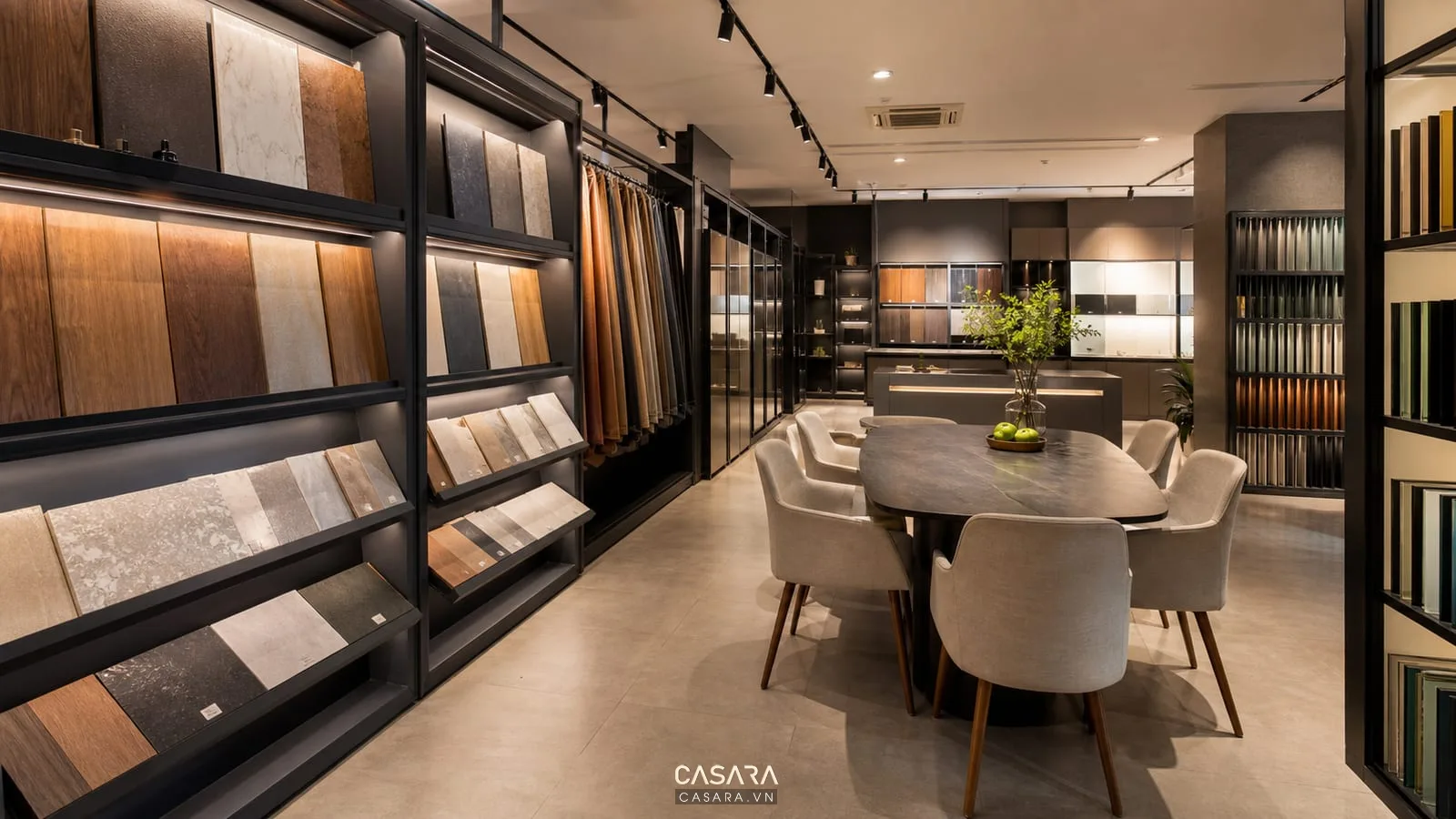 showroom 4d nội thất có khu mẫu vật liệu gỗ đá da vải kính kim loại bàn tư vấn và ánh sáng trung tính