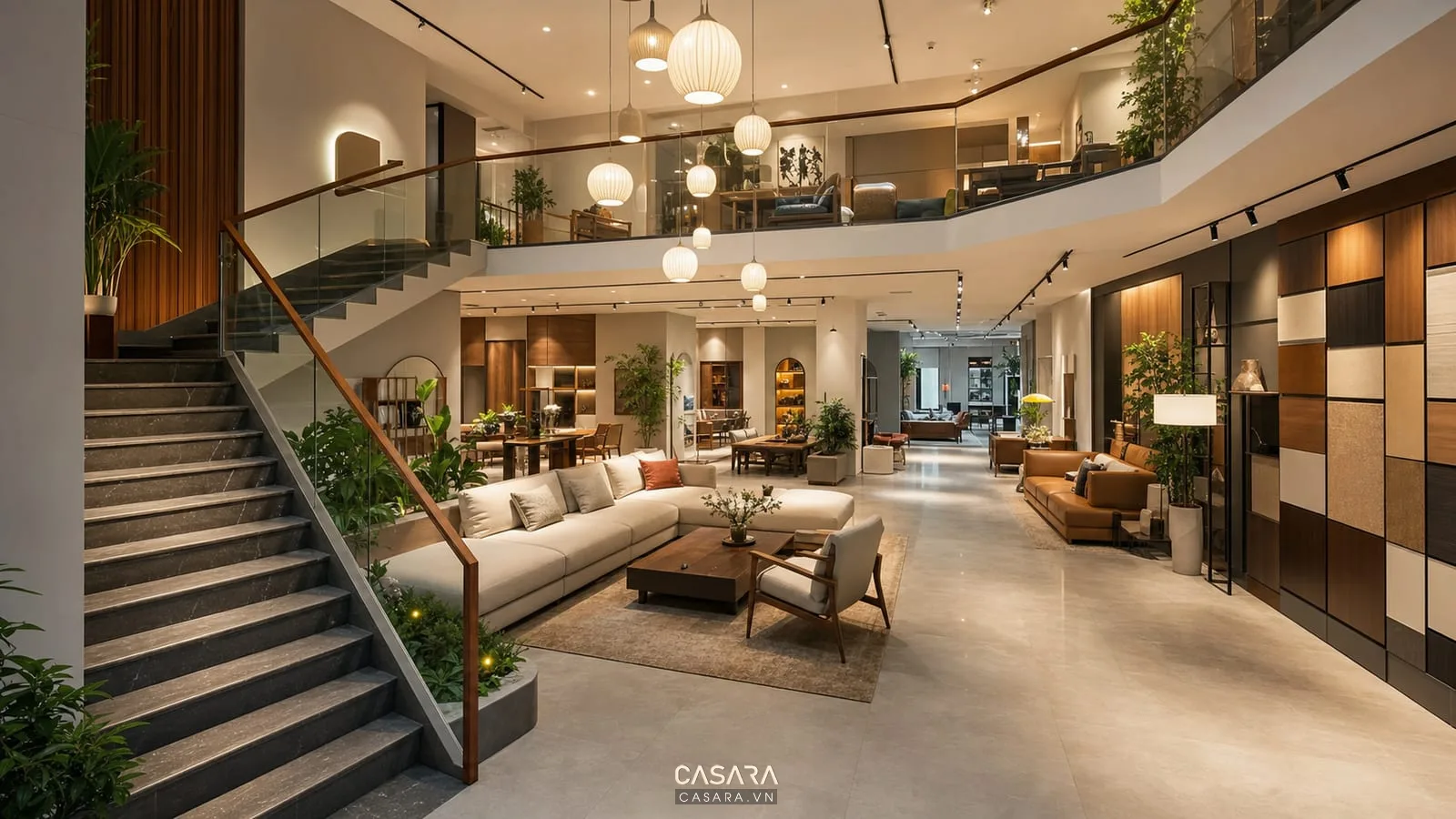 showroom 4d nội thất 2 tầng có cầu thang khoảng thông tầng đèn thả vách vật liệu sofa trưng bày và biển chỉ dẫn