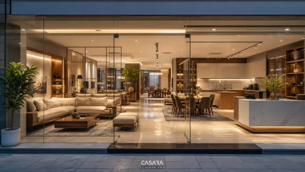 showroom 4s nội thất với mặt tiền kính khu trưng bày sofa bàn ăn tủ bếp và quầy tư vấn