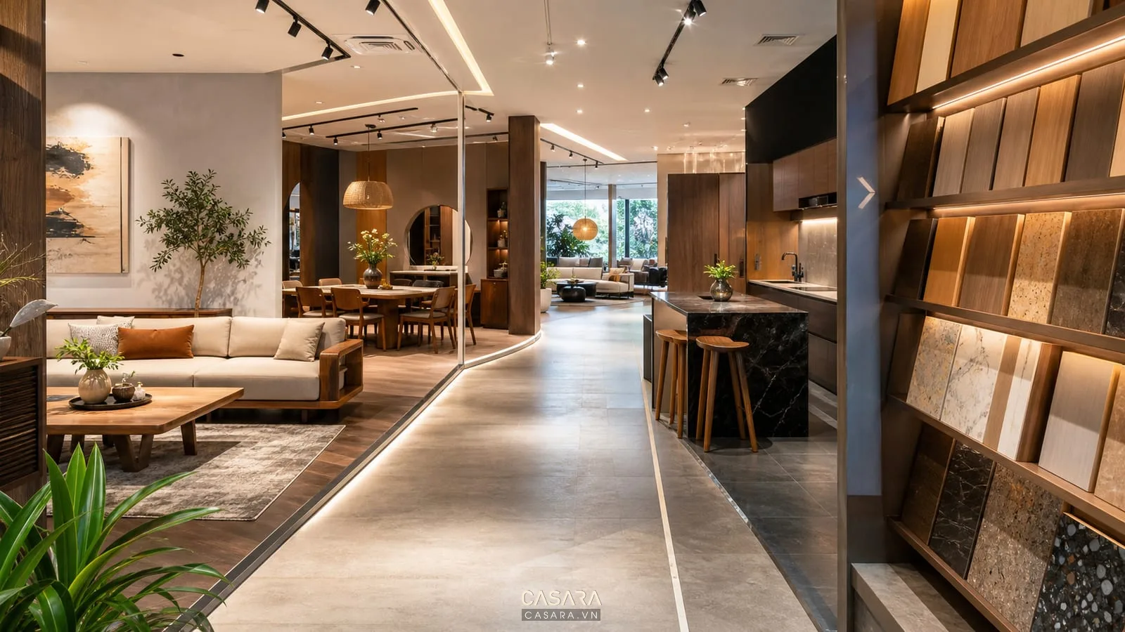 showroom 4s nội thất có tuyến đi qua phòng khách bàn ăn khu bếp và vách vật liệu gỗ đá