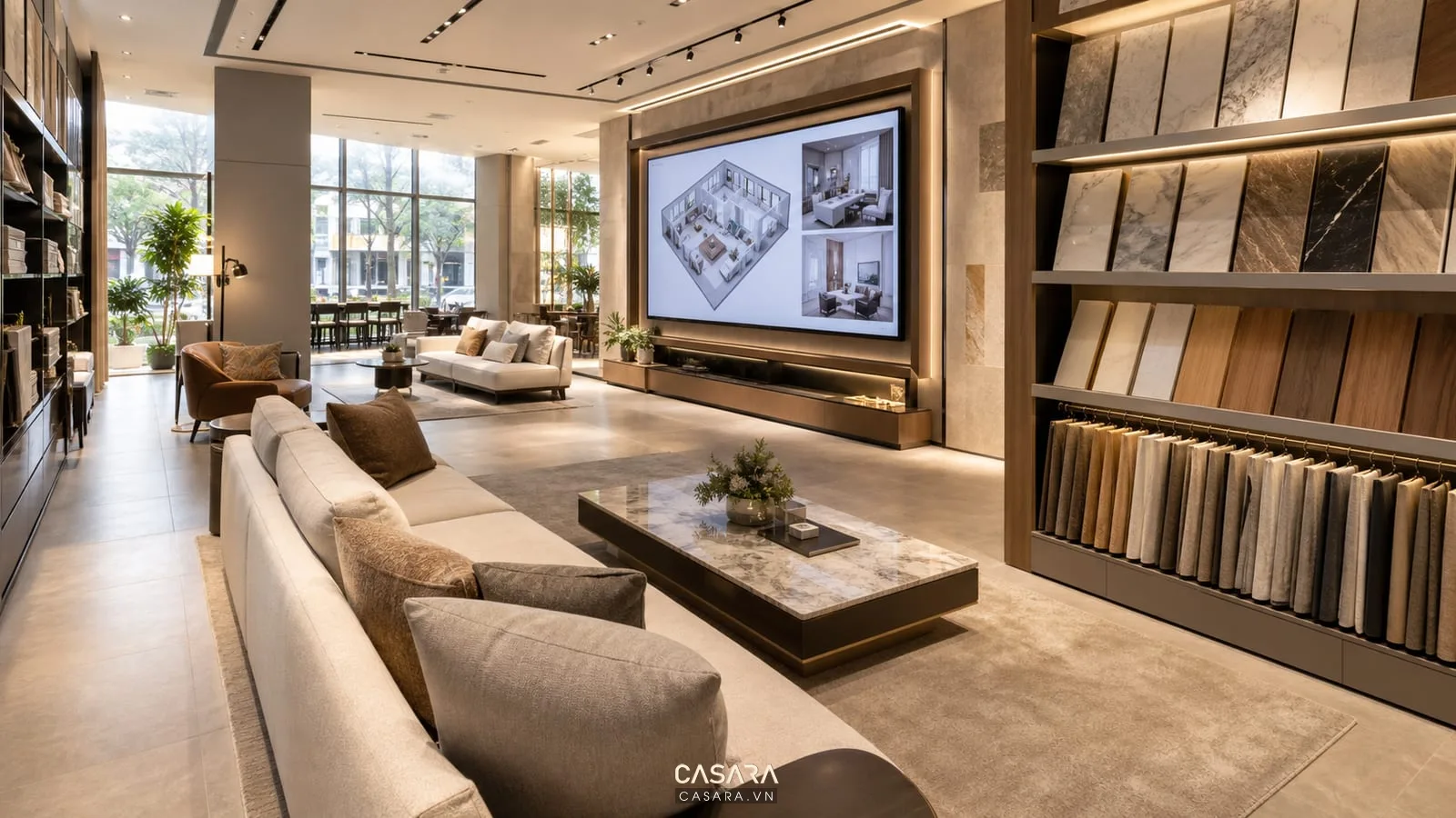 showroom 5s showroom 4d nội thất với kệ vật liệu gỗ đá vải khu ngồi thử sofa và màn hình tư vấn