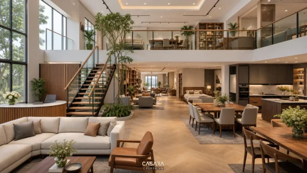 Showroom nội thất hai tầng có cầu thang mở, khu sofa, bàn ăn, bếp và quầy tư vấn