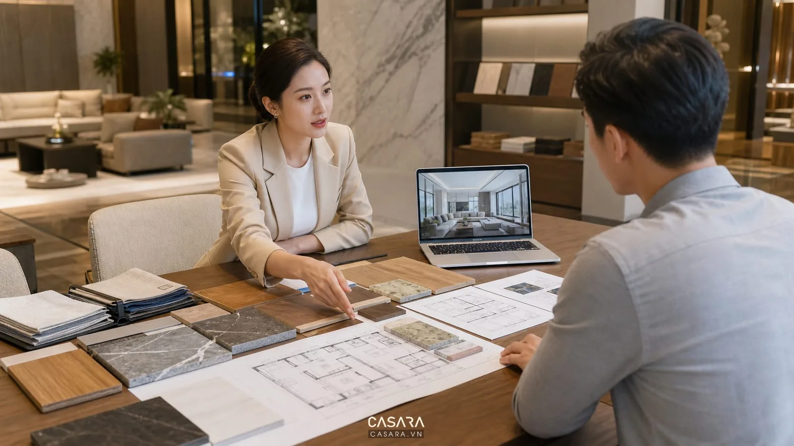showroom thiết kế nội thất có bàn tư vấn vật liệu mẫu gỗ đá da vải bản vẽ mặt bằng và laptop phối cảnh 3D