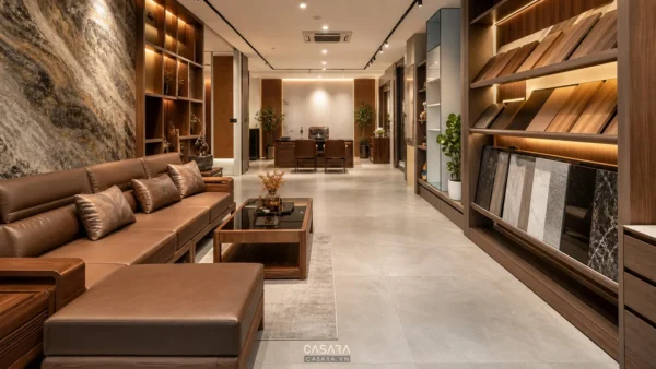 showroom 5S nội thất gọn gàng với sofa bàn trà kệ trưng bày mẫu gỗ mẫu đá và lối đi rộng