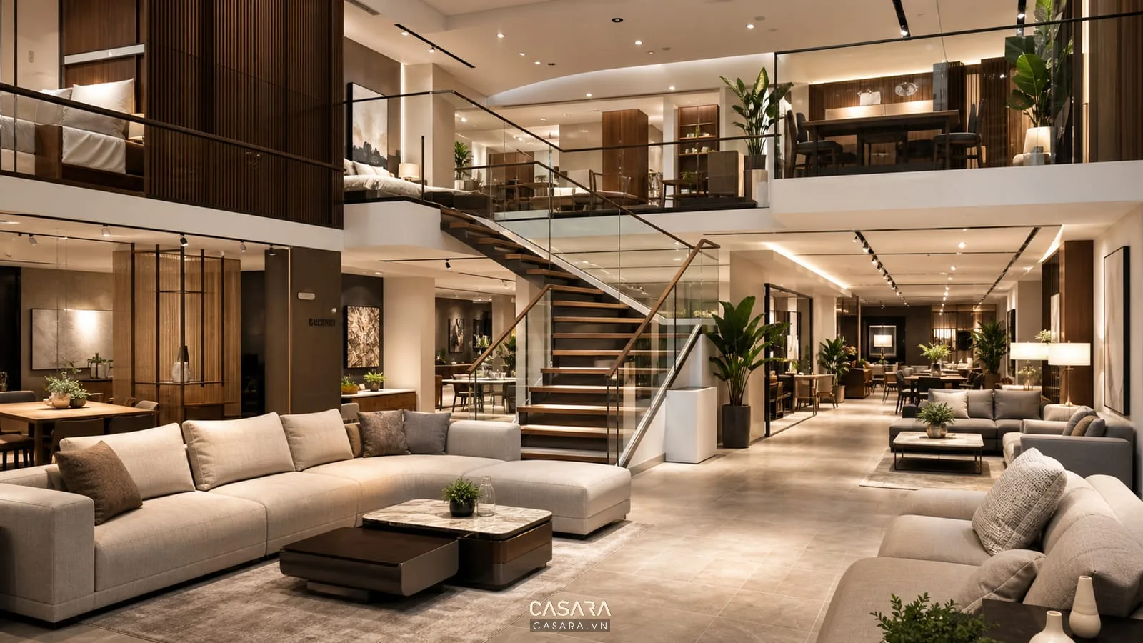 showroom 2 tầng nội thất có cầu thang mở khu sofa tầng một phòng mẫu tầng hai và biển chỉ dẫn