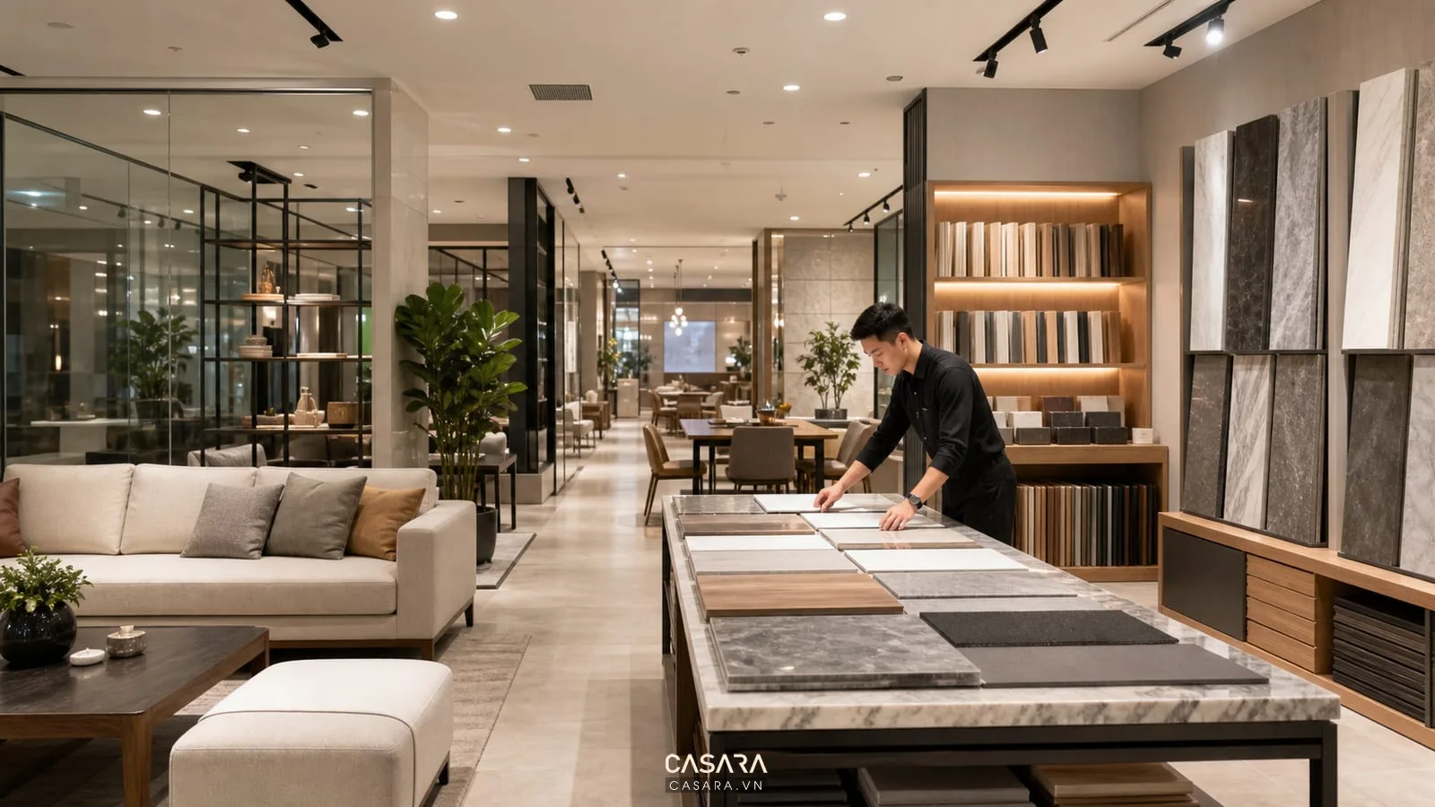 showroom nội thất sạch sẽ với ánh sáng điểm nhấn sofa kệ gỗ mẫu đá kính trong và nhân viên chỉnh mẫu vật liệu