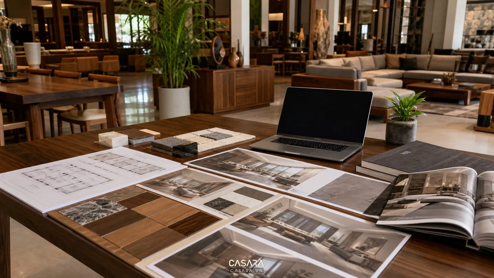 hồ sơ thiết kế showroom 5S có mặt bằng phối cảnh 3D bảng vật liệu gỗ đá vải catalogue nội thất và laptop tư vấn
