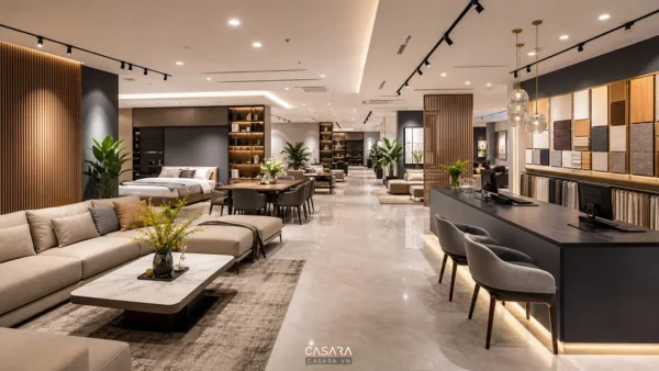 Showroom 5S hiện đại với lối đi rõ và khu trưng bày nội thất gọn gàng