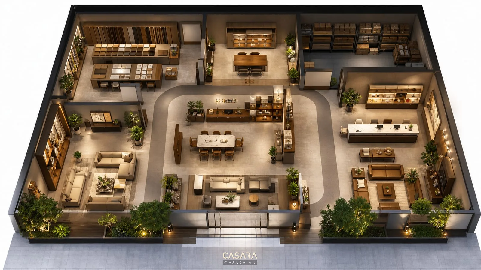 Sơ đồ mặt bằng showroom 5S với khu trưng bày và quầy tư vấn rõ ràng