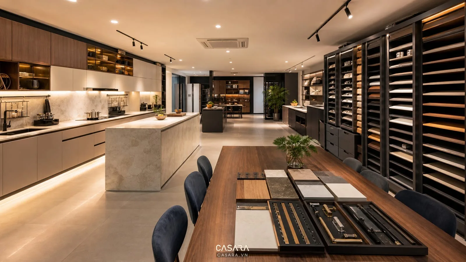 Showroom bếp 5S với tủ bếp, mặt đá và bàn tư vấn vật liệu gọn gàng